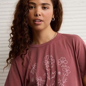 American Eagle Ex-Boyfriend Graphic T-Shirt Earthen Brown Floral Tee Size L